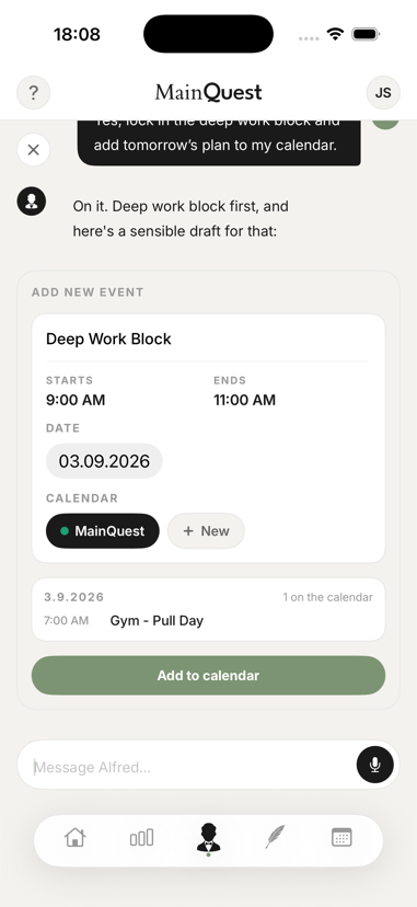 Alfred, the MainQuest assistant, on iPhone