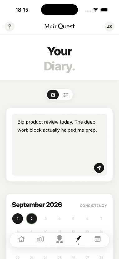 Diary and to-do list inside MainQuest