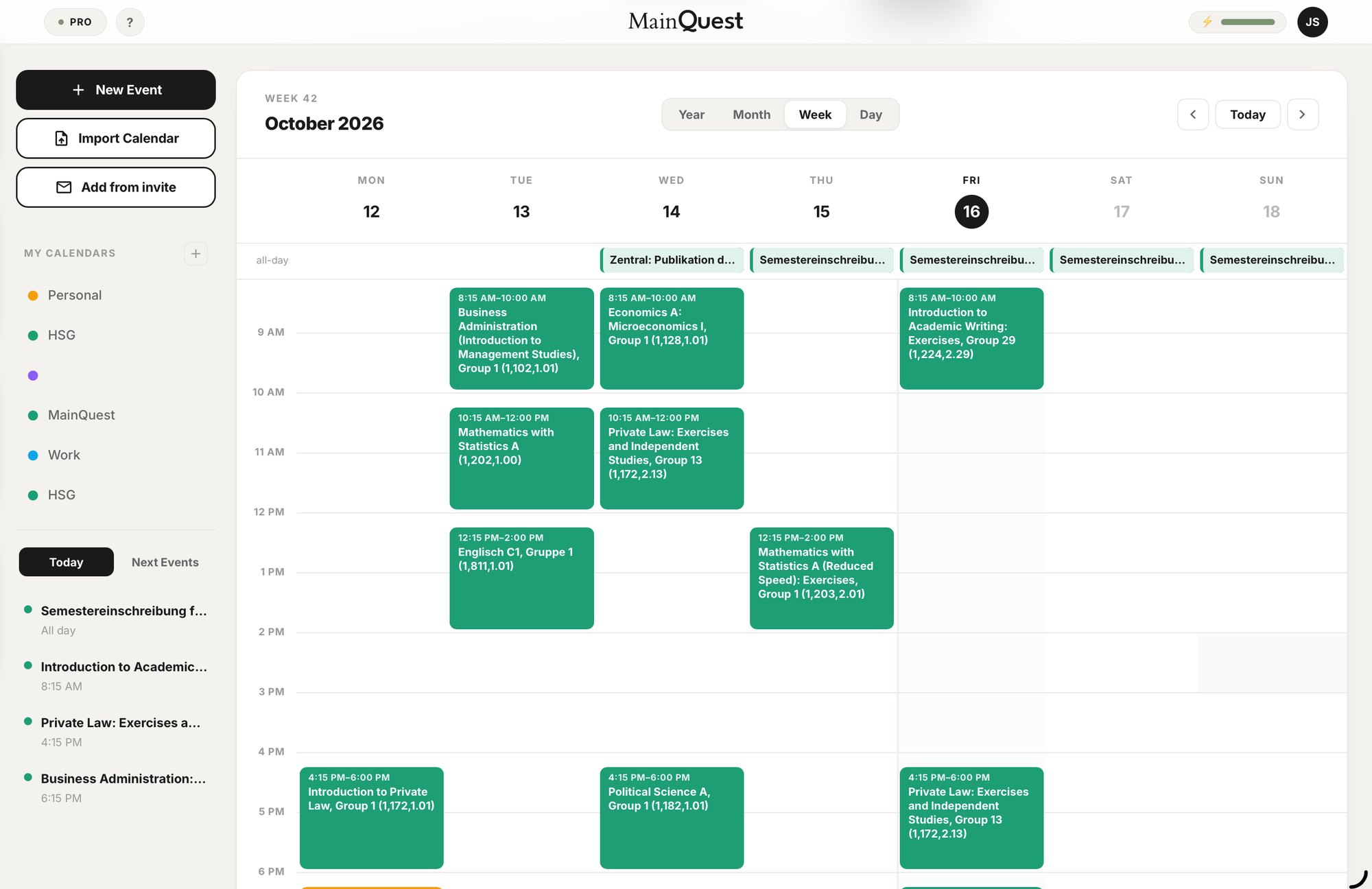 Weekly calendar inside MainQuest