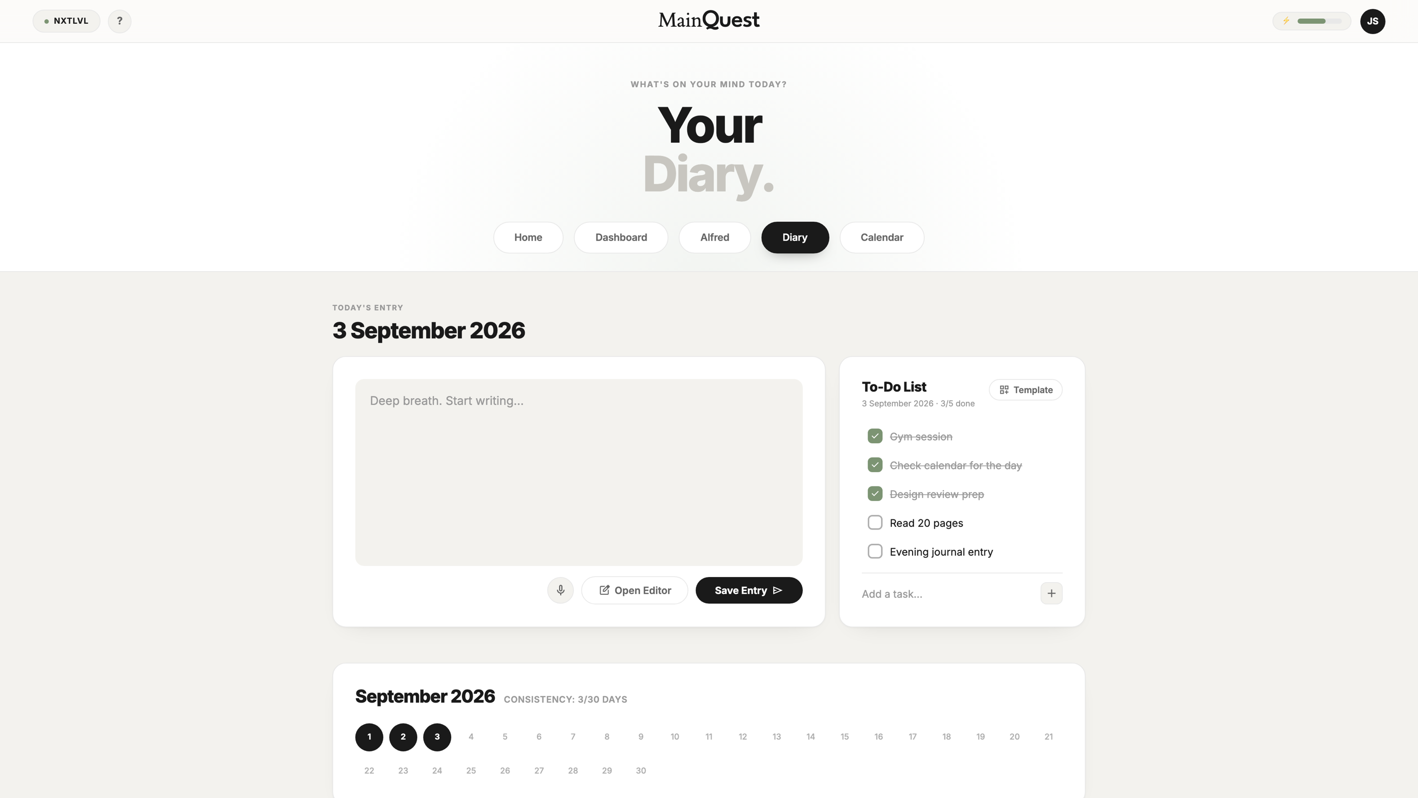 Diary and to-do list inside MainQuest